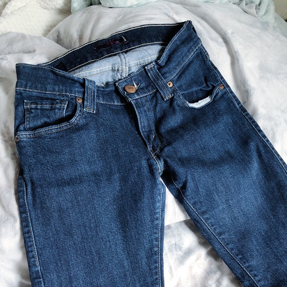 Dark Levi’s, Blue Jeans, Cream Stitching